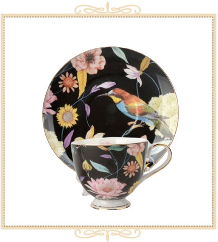 Black Daisy and Bird Teacup and Saucer
