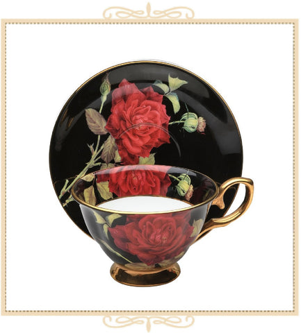 Black/Red Rose with Gold Teacup and Saucer