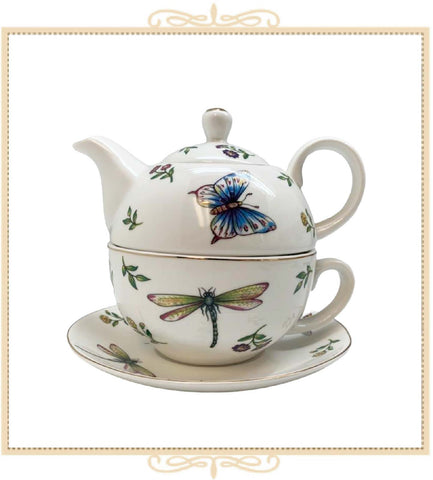 Blue Butterfly Dragonfly 4 Pieces Tea For One Set