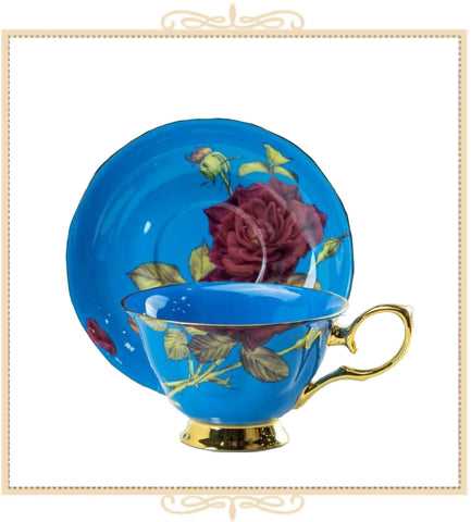 Blue/Red Rose Gold Teacup and Saucer