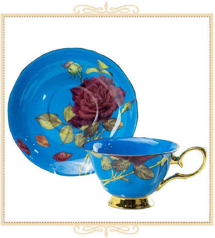 Blue/Red Rose Gold Teacup and Saucer