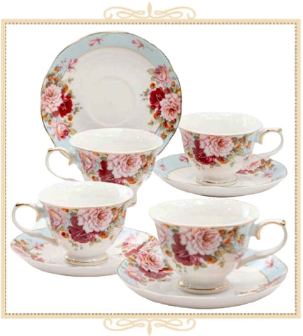 Blue Strawberry Rose Demi Cup Saucer, Set of 4. Boxed