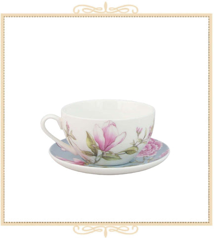 Blue and White Magnolia Peony Teacup and Saucer