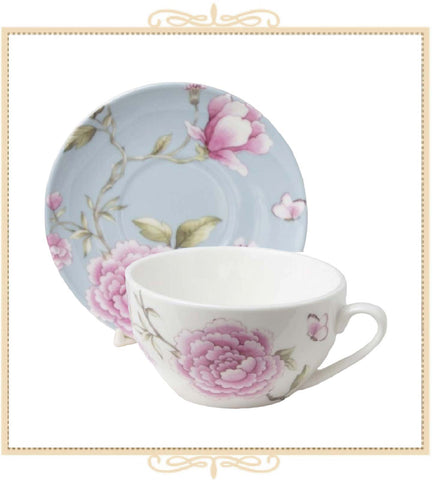 Blue and White Magnolia Peony Teacup and Saucer