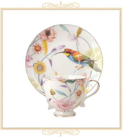 White Daisy and Bird Teacup and Saucer