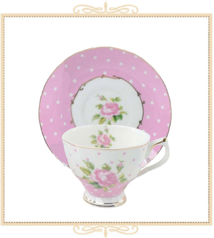 Dotty Pink Rose Teacup and Saucer