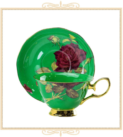 Green/Red Rose Gold Teacup and Saucer