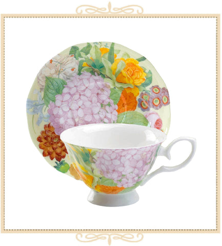 Hydrangea Bloom Orange Bone China Teacup with Saucer