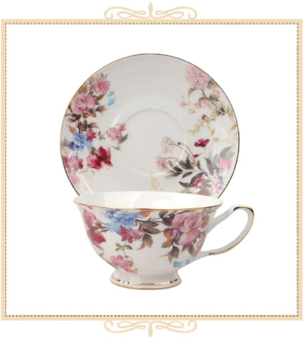 Pink Blue Garden Teacup and Saucer