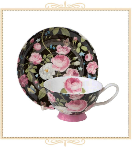 Pink Climb Rose Black Bone China Teacup and Saucer