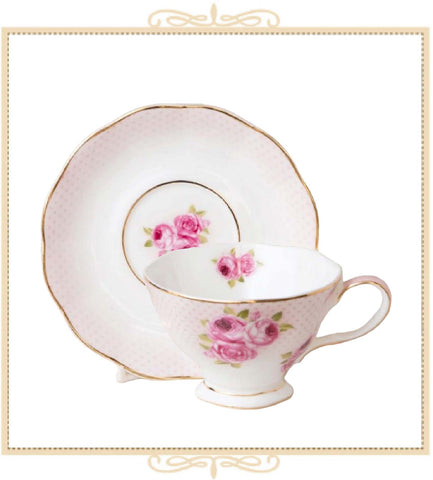 Pink Rose Dot Bone China Teacup and Saucer