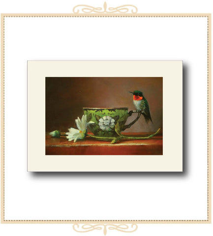 Hummingbird Perched on a Teacup Greeting Card (QM48)