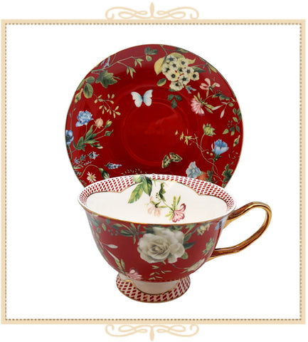 Rich Red Gold Floral Teacup and Saucer