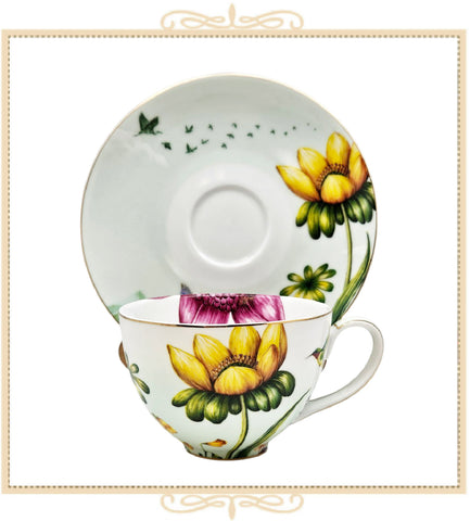 Tropical Paradise Purple Yellow Flowers Teacup and Saucer