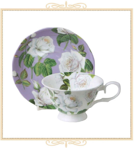 White Rose Purple Bone China Teacup and Saucer