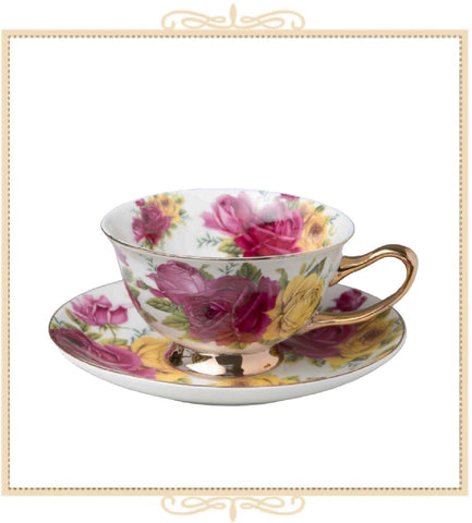 Yellow Pink Rose Rich Gold Teacup and Saucer
