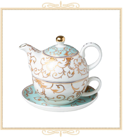 Aqua/Gold Scroll 4 Piece Tea for One