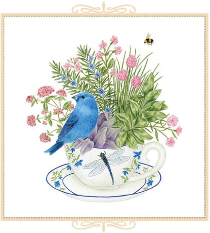 Blue Bunting on Teacup Tea Towel - Set of Two