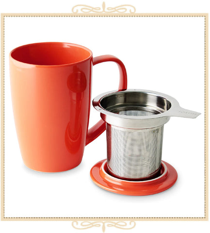 Curve Tall Tea Mug With  Infuser & Lid 15 oz Orange