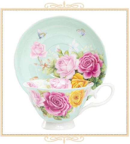 Floral Bouquet Mint Teacup with Saucer