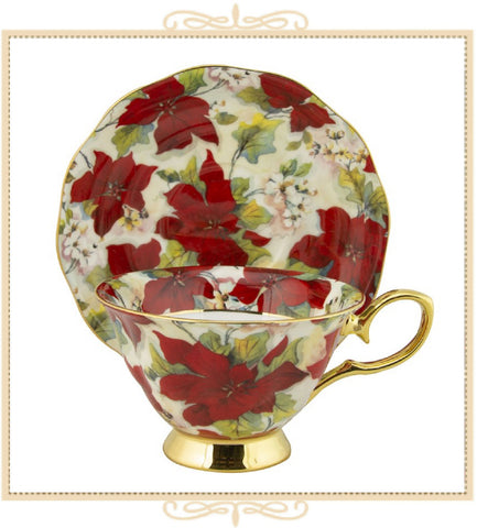 Gold Poinsettia Teacup and Saucer