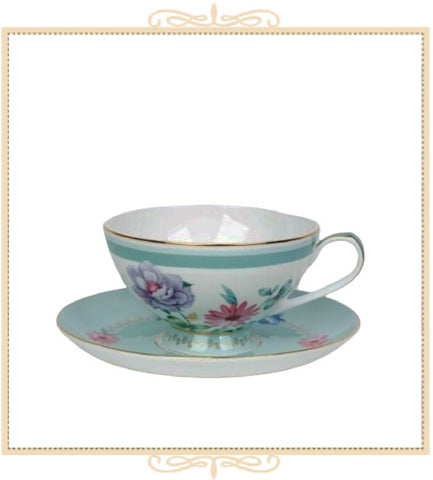 Mint Green Floral Teacup and Saucer