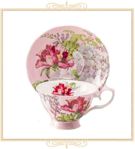 Peony Bloom Pink Bone China Teacup and Saucer