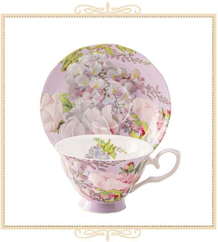 Peony Bloom Purple Bone China Teacup and Saucer