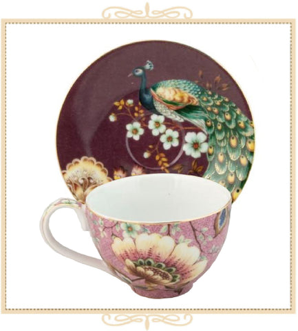 Pink Peacock Lotus Garden Large Teacup and Saucer
