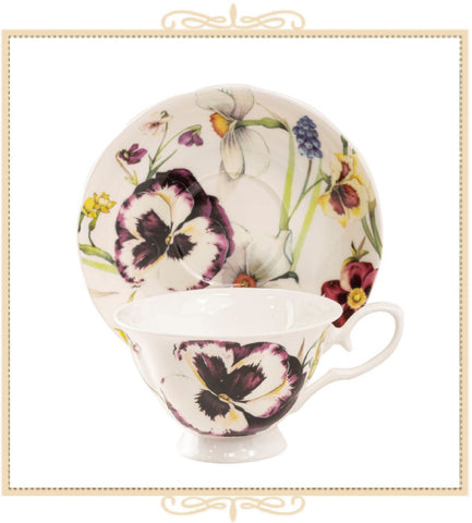 Purple Pansy Bone China Teacup and Saucer