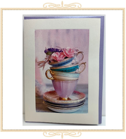 Stacked Teacup with Flowers Greeting Card (QM18)