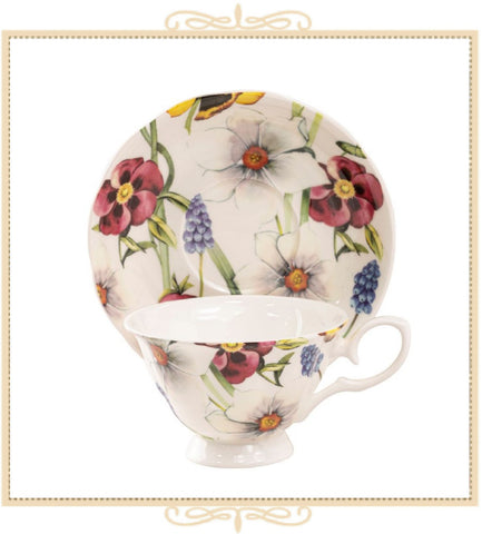 Red Pansy Bone China Teacups and Saucers