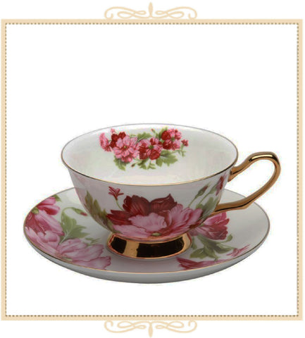 Pink & Red Flower Teacup and Saucer