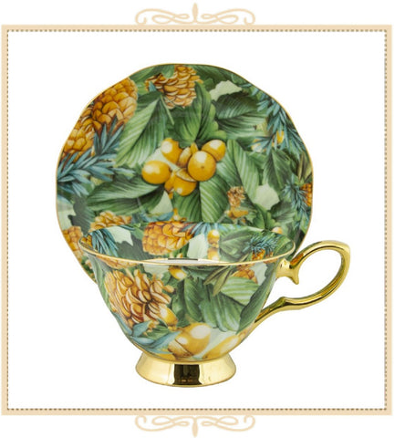 Gold Tropical Pine Acorn Bone China Teacup with Saucer