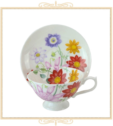 Purple Red Floral Teacup and Saucer