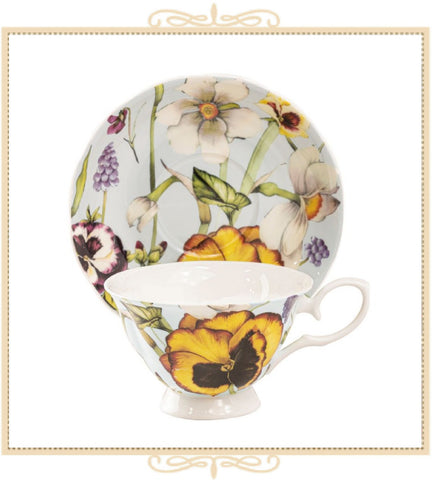 Yellow Pansy Blue Bone China Teacup and Saucer