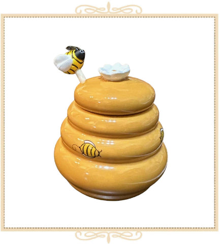 Ceramic Beehive Honey Pot and Wooden Dipper
