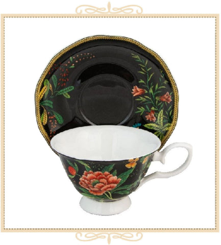 Black Dianthus Teacup and Saucer