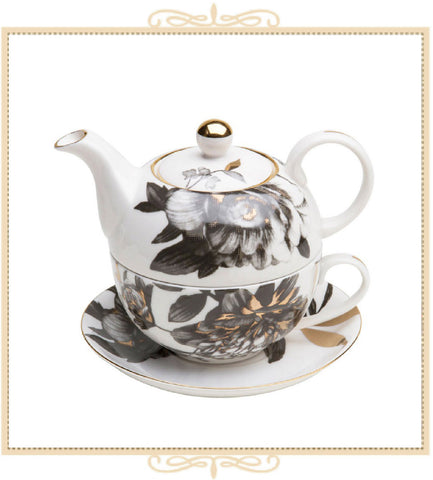 Black Gold Peony 4 Piece Tea for One Set