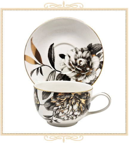 Black Gold Peony Teacup and Saucer