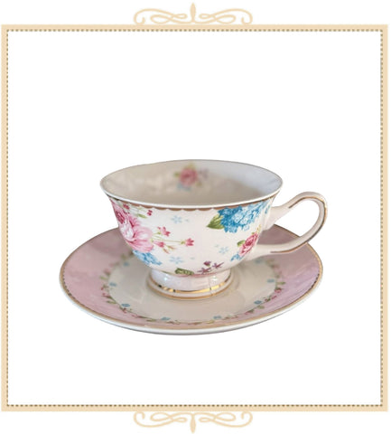 Blue Pink Rose Teacup and Saucer