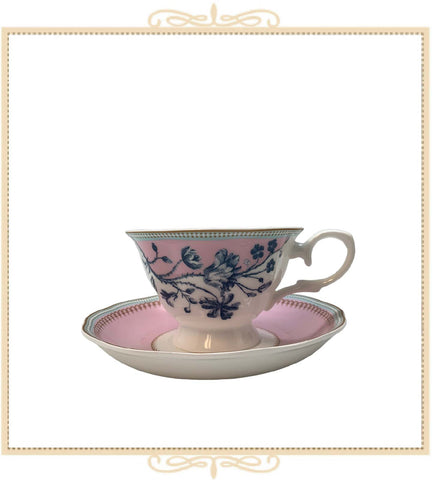 Blue Rose Toile Pink Teacup and Saucer