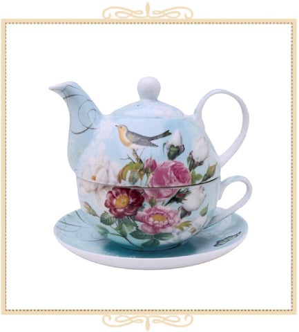 Botanical Blue Bird 4-Piece Tea for One