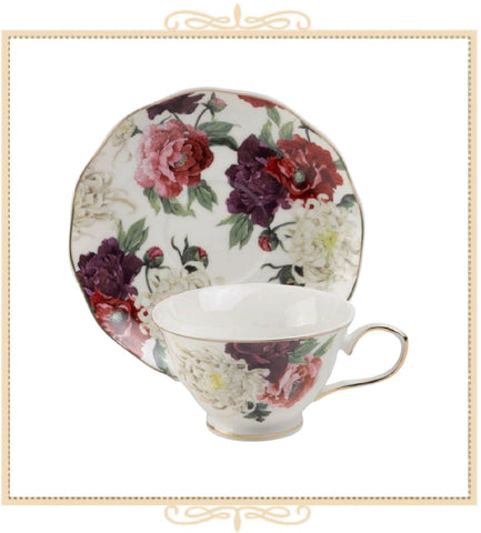 Burgundy Peony Teacup and Saucer