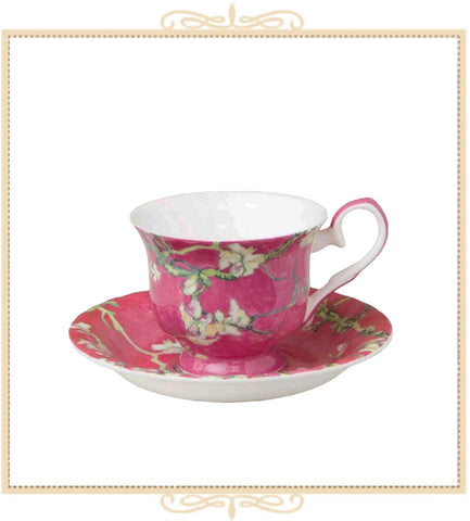 Cherry Blossom Red Teacup and Saucer