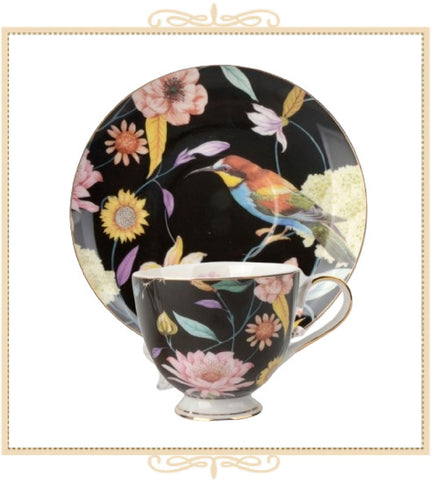 Black Daisy and Bird Teacup and Saucer