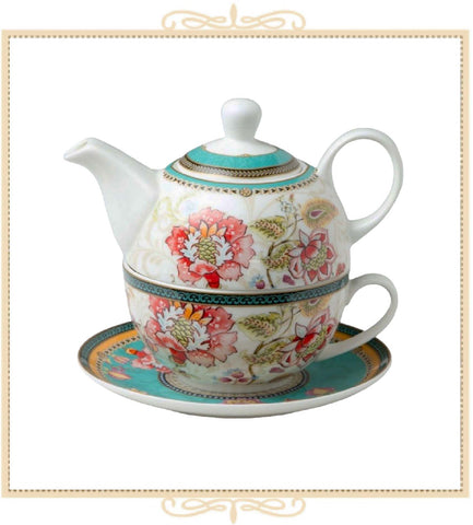 Porcelain Tokyo Spring Tea For Two Set | 4-Piece Teapot & Cups | Dishwasher Safe, Gold Decoration