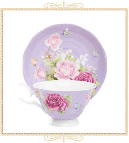 Floral Bouquet  Purple Teacup with Saucer