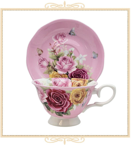 Floral Bouquet  Pink Teacup with Saucer