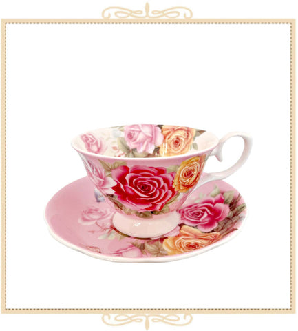 Floral Bouquet  Pink Teacup with Saucer